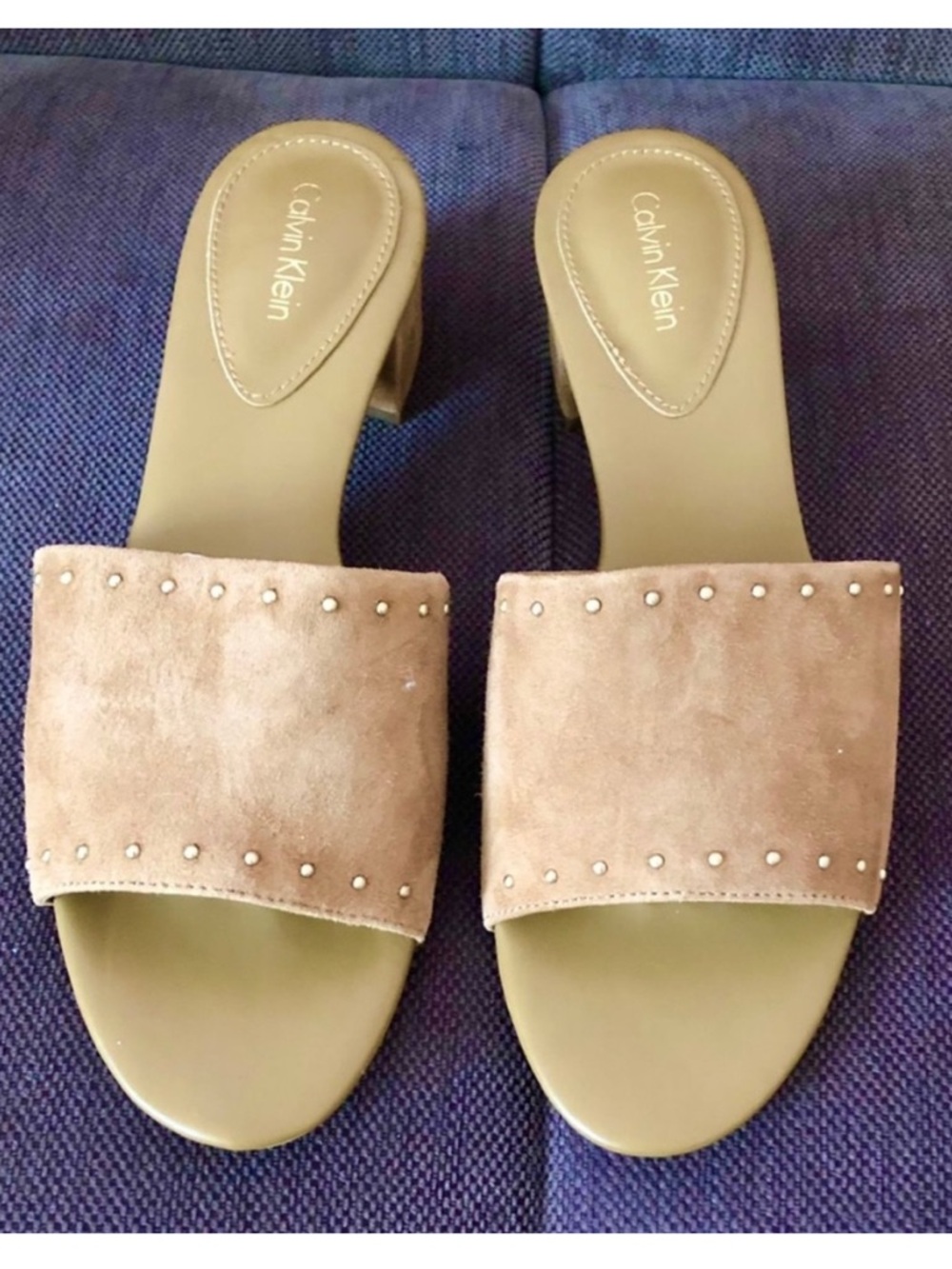 Calvin Klein Taupe Suede Stud Slide Heels